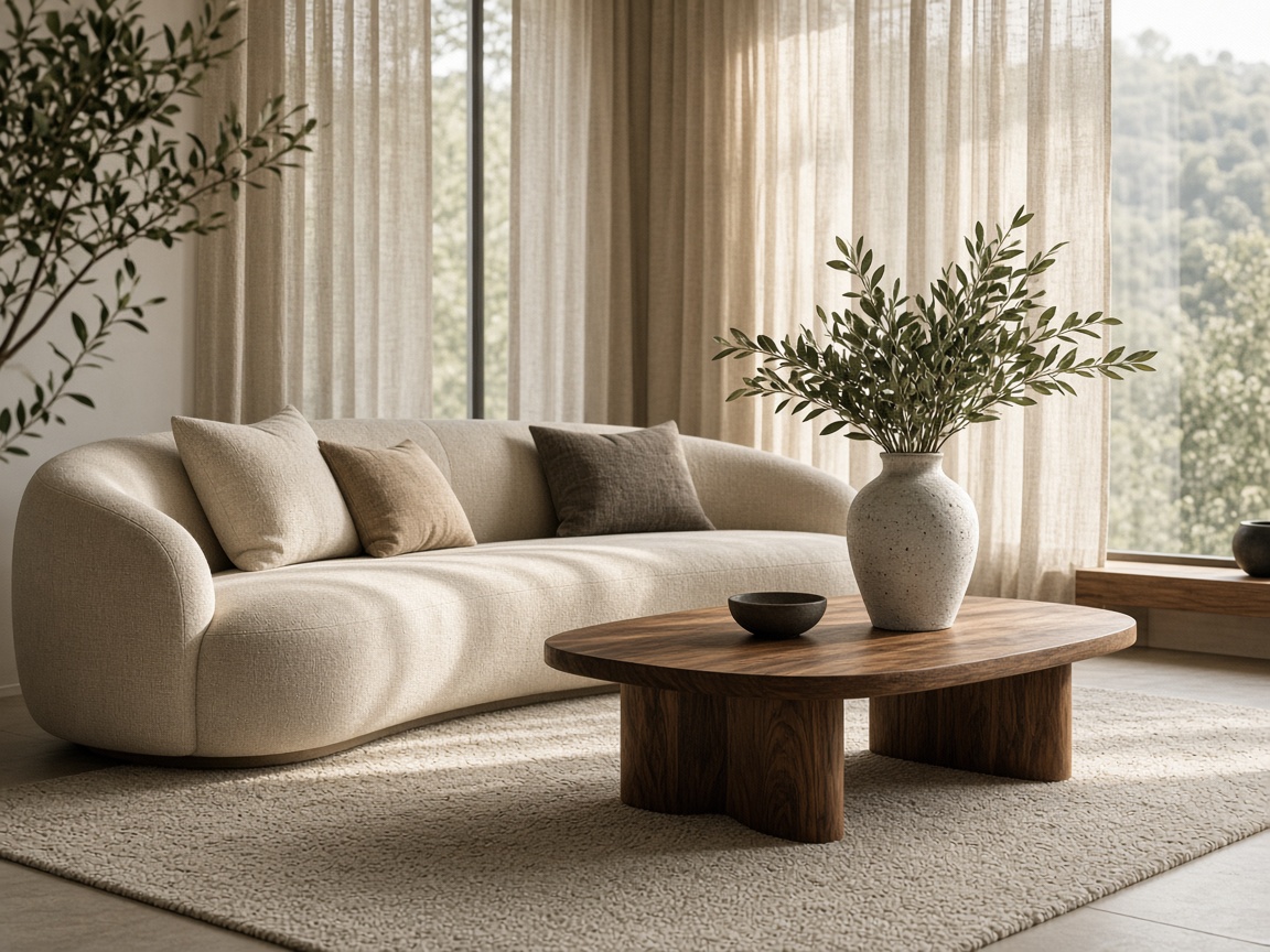 Wohnzimmer mit Sofa, Teppich und Pflanzen
