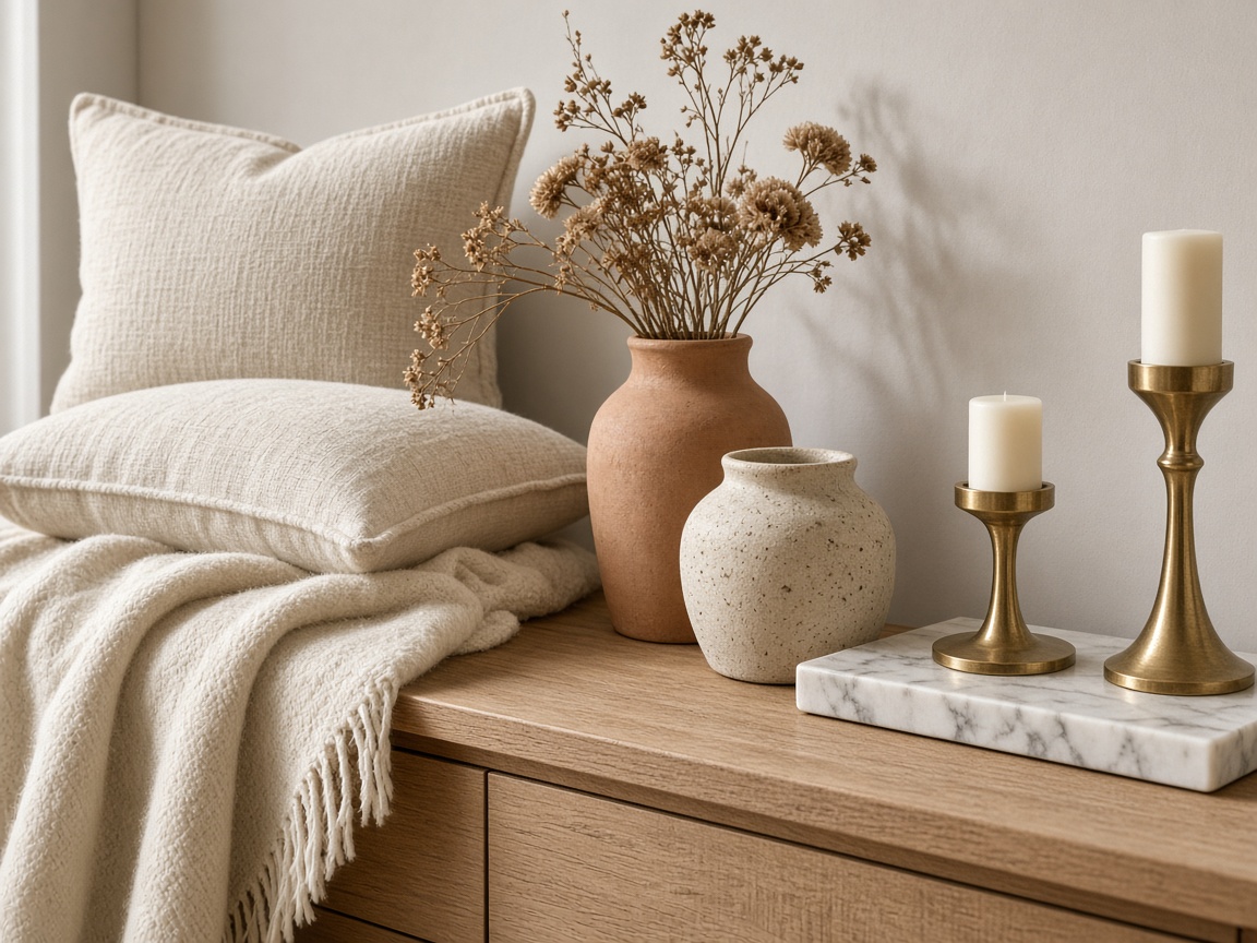 Homedekoration mit Kissen, Vasen und Leuchtern